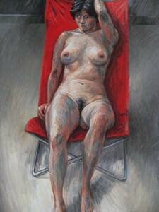池田良則、【赤い椅子】、希少な画集より、状態良好、新品高級額装付、送料無料、洋画 油彩 日本の画家、人物画　美人画　裸婦、arte