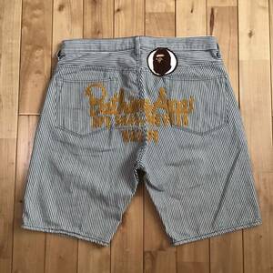 BAPE champion 刺繍 ヒッコリー ハーフパンツ Lサイズ a bathing ape BAPE head shorts エイプ ベイプ アベイシングエイプ ショーツ w506