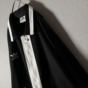 希少★90s アディダス adidas 刺繍ロゴ リブライン トラックジャケット L〜XL バイカラー 襟付き ブラック ホワイト トレフォイル