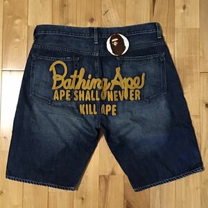 ★XL★ BAPE champion 刺繍 デニム ハーフパンツ a bathing ape BAPE head denim shorts エイプ ベイプ アベイシングエイプ ショーツ w8