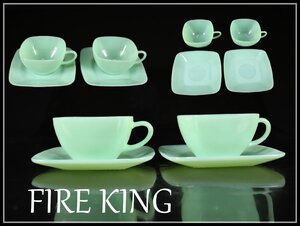 【吉】PB193 ファイヤーキング 【FIRE KING】 緑ガラス 方カップ＆ソーサー 2組 4点セット／無銘 美品！