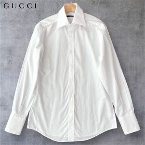 美品■Lサイズ■GUCCI グッチ ワイシャツ 織りストライプ ホワイト メンズ 41/16 ビジネス 長袖シャツ ドレスシャツ イタリア製 国内正規品