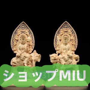 極上品★総檜材/仏教工芸品/ 精密彫刻/仏師で仕上げ品/文殊菩薩/普賢菩薩座像 木彫仏教