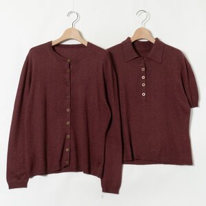 CASHMERE HOUSE トップス アンサンブル 半袖ニット 長袖カーディガン ブラウンミックス シンプル 着回し シルク55％ ウール45％ レディース