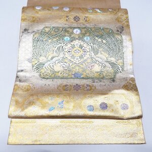 ★きもの北條★ 花鳥模様　金彩　引箔　三通　中古　正絹　袋帯　T696-9