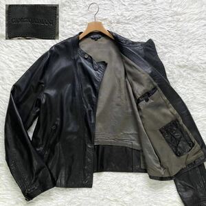 【美品 レザータグ XXXL 58】 GIORGIO ARMANI ライダースジャケット セミダブル ラムレザー ジョルジオアルマーニ ブラック 2way 革タグ 黒