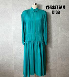 美品 Christian Dior クリスチャンディオール サイズ9 シルク100％ プリーツ切り替え ロング マキシ フレアワンピース ドレス グリーン
