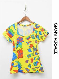 HGA-I312/ヴィンテージ GIANNI VERSACE 半袖Tシャツ カットソー ラグラン 総柄 国旗 Uネック 42 M~L 黄 イタリア製