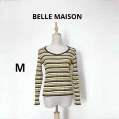 BELLE MAISON レディース長袖ニット　Vネック　ストライプ　M 日本製