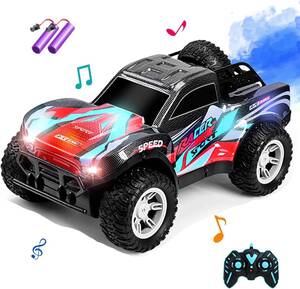 ラジコンカー こども向け 車おもちゃ オフロード ジープ RCカー スプレー 音楽 LEDライト機能 操作時間70分 2.4GHz 屋内外 (赤)