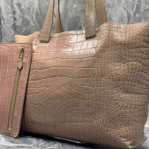 1円【入手困難品】GIORGIO ARMANI ジョルジオアルマーニ クロコダイル 型押し ポーチ付き トートバッグ ビジネス レザー A4収納 大容量