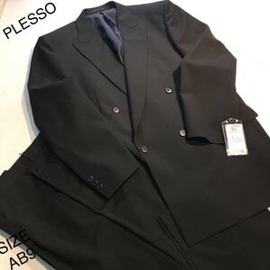 ★ 新品【コスパ最高！】PLESSO/ソフトダブル4ッ釦1掛けスーツ/ピンストライプ/サイズAB9/上下セットアップ/ノーベンツ/2タック/濃紺系