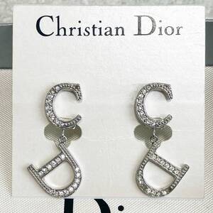 美品!! クリスチャン ディオール Christian Dior イヤリング CD ロゴ ラインストーン シルバー 耳飾り ヴィンテージ アクセサリー 刻印 銀