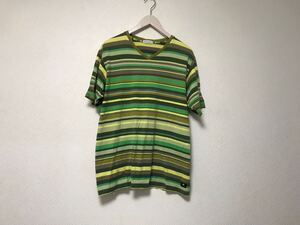 本物ポールスミスPAULSMITHコットンボーダー柄Vネック半袖Tシャツメンズサーフアメカジミリタリーストリートゴルフドレス緑グリーンM