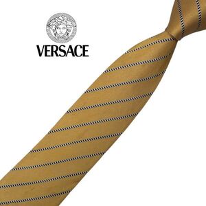 ★ナロータイ★メデューサ★ストライプ柄★VERSACE★高級ネクタイ イエローベージュ系 ヴェルサーチェ シルク USED プレス済み ネコポス可