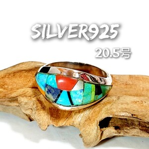 5880 SILVER925 ズニリング20.5号 シルバー925 天然石 インディアンジュエリー インレイ ターコイズ オパール コーラル オニキス モザイク