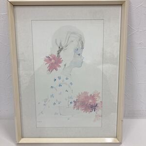 人気絵本作家 いわさきちひろ ガーベラを持つ少女 水彩画 額装 退色 変色 色褪せ 難あり 直筆サイン入り 現状品