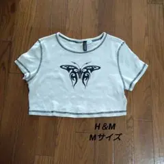 H＆M 半袖カットソー ショート丈 M ベージュ 胸元蝶プリント