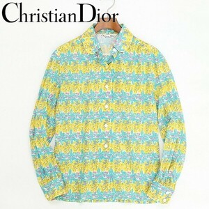 ヴィンテージ◆Christian Dior クリスチャン ディオール 総柄 コットン 丸襟 ラウンドカラー 長袖 シャツ ブラウス M