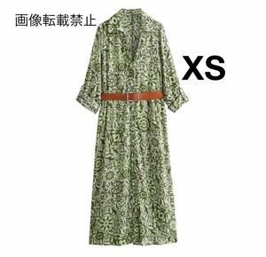 vintage ヴィンテージ レトロ 柄 ベルト付き ロング ワンピース XSサイズ レディース★ZARA 好きな方に★2024 S/S 春新作 新品未使用★