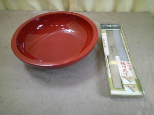 【中古・良品】こね鉢+手作り麺切庖丁・包丁　朱塗り鉢３２センチ　麺鉢　　そば打ち・うどん打ち　麺作り