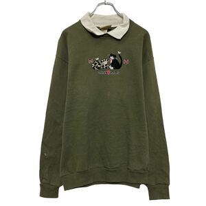 top stitch プリント スウェット トレーナー M モスグリーン 襟 レディース 古着卸 アメリカ仕入 a609-5102