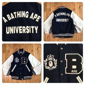 袖レザー BAPE LOGO スタジャン ネイビー Sサイズ a bathing ape leather varsity jacket エイプ ベイプ アベイシングエイプ jz35