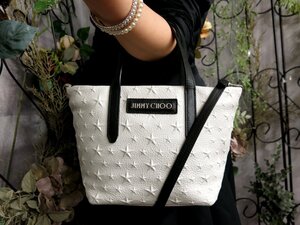 ●超美品●JIMMY CHOO ジミーチュウ●ミニサラ●スターエンボス●カーフ レザー●2way ハンド バッグ●白 黒●SV金具●斜め掛け●Js53819