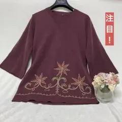 ワインレッド 刺繍入り 五分袖 ニットトップス　昭和スタイル　レトロ　レア