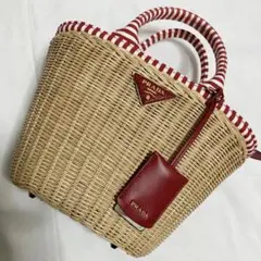 PRADA プラダ　ウィッカー　カゴバッグ　キャンパス　レッド　ショルダー付き