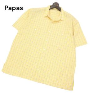 Papas パパス 春夏 ゆったり★ 半袖 コットン チェック シャツ Sz.M　メンズ 黄色　I4T01845_5#A