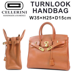 CELLERINI TURNLOOK HANDBAG W35×H25×D15cm チェレリーニ ターンロック 本革ハンドバッグ キャメル