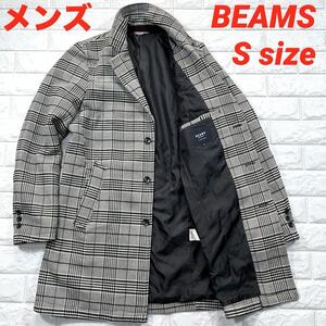 ★ビームス ハート 極美品 Sサイズ★BEAMS HEART チェスター コート メンズ ロング丈 ストレッチ 白黒 グレンチェック柄 秋冬