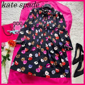 【美品】kate spade 膝丈ワンピース ブラック 花柄 2 フレア M ケイトスペード 