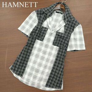 HAMNETT キャサリン ハムネット 春夏 切替デザイン★ 半袖 ワーク チェック シャツ Sz.M　メンズ 白 × 黒　A3T08314_7#A