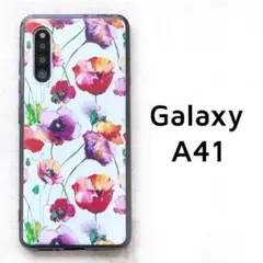 Galaxy A41 白 赤 花 カバー