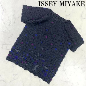 LA2999 イッセイ ミヤケ 半袖シワ加工デザイントップスISSEY MIYAKE ストレッチ 透け感有 ドロップショルダーブラック３