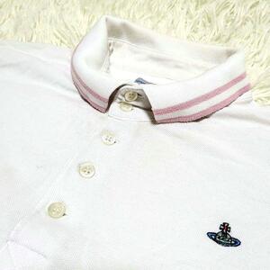 希少XLサイズ●Vivienne Westwood ヴィヴィアンウエストウッド メンズ ポロシャツ 半袖 オーブロゴ刺繍 鹿の子 白×ピンク ストライプ
