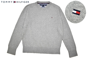 Y-7176★送料無料★TOMMY HILFIGER トミーヒルフィガー★通年 正規品 胸ロゴ刺繍 グレー ピーマコットン 綿 ニット 長袖 セーター Ｍ