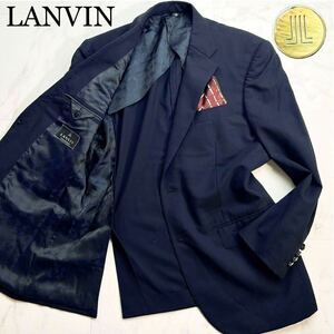 【ほぼ未使用】幻のメタルロゴ金ボタン★稀少XL★LANVIN【光沢感を羽織る】ランバン最高級 艶感清涼テーラードジャケット 紺ブレザー極濃紺