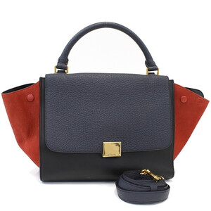 1円 ◎新品同様 CELINE セリーヌ 2way ハンドバッグ トラペーズ スモール レザー ブラック ネイビー レッド◎K.Clgm.oR-dm30