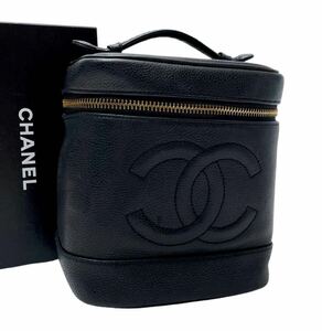 1円 CHANEL シャネル キャビアスキン バニティ ポーチ ハンド バッグ レザー デカ ココマーク ゴールド 金具 ブラック