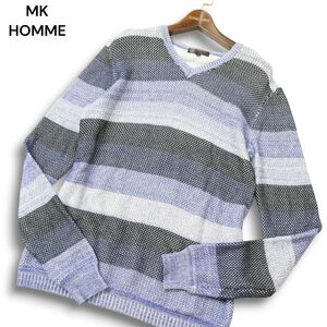 MK HOMME ミッシェルクラン オム 通年 Vネック★ ニット ボーダー セーター Sz.48 メンズ　C4T11103_C#L