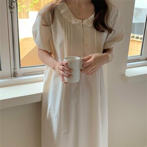 LYW1487★夏のゆったりとしたシンプルな半袖蓮の花のサイドネックパジャマスカート部屋着フレッシュスリーパースカート