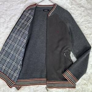 BURBERRY BLACK LABEL バーバリーブラックレーベル ニットジャケット 3(L) 羊毛 切替え 裏地チェック柄 中綿入り ジップアップ ブルゾン