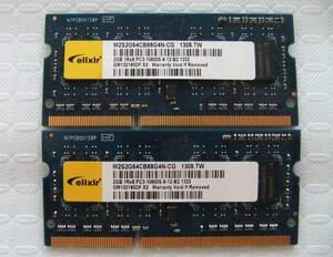 ノートPC用メモリ elixir 2GB 1Rx8 PC3-10600S-9-12-B2 M2S2G64CB88G4N-CG 2GBX2 計：4GB 中古 19