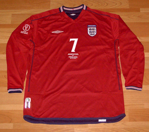 02W杯 イングランド ENGLAND(A)#7 ベッカム BECKHAM 長袖 Umbro 対アルゼンチン戦仕様刺繍 Sor M or L or XL