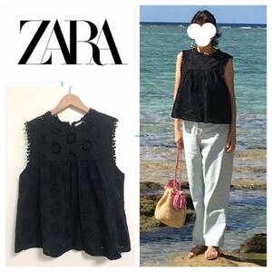 ZARA 刺繍トップス　ノースリーブ　レース　チュニック　L 19322