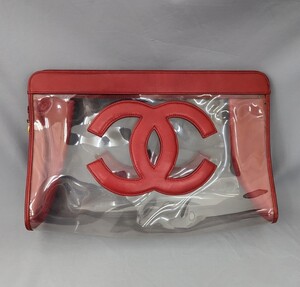 （３３）CHANEL シャネル クリアポーチ 30cm セカンドバッグ ポシェット レザー×ビニール レトロ　中古