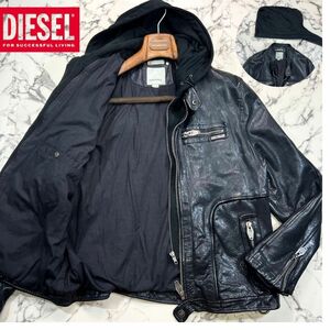 美品/2WAY 羊革 (XXL) ●DIESEL ディーゼル フード着脱可 ライダース ジャケット パーカー ダブルジップ 切替 ラムレザー ブラック 黒 2XL